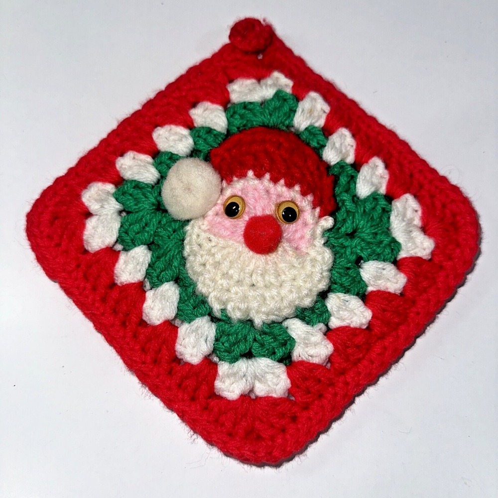 Vintage Handmade Christmas Kitch Santa Crocheted Pot Holder Hot Pad 5.5" Square